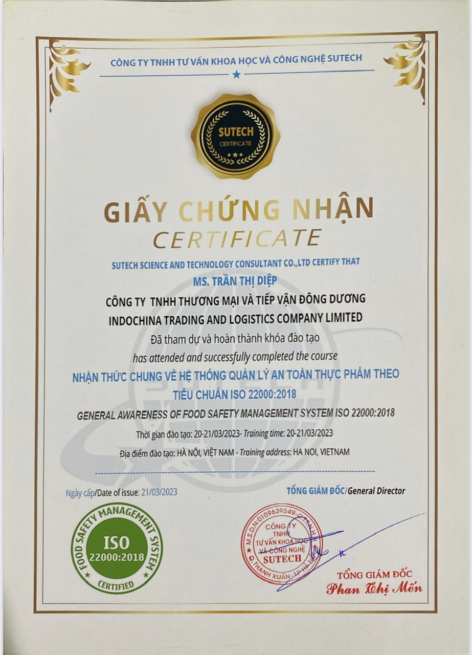 Giấy chứng nhận đã hoàn thành khóa đào tạo về Nhận thức chung về Tiêu chuẩn ISO 22000:2018